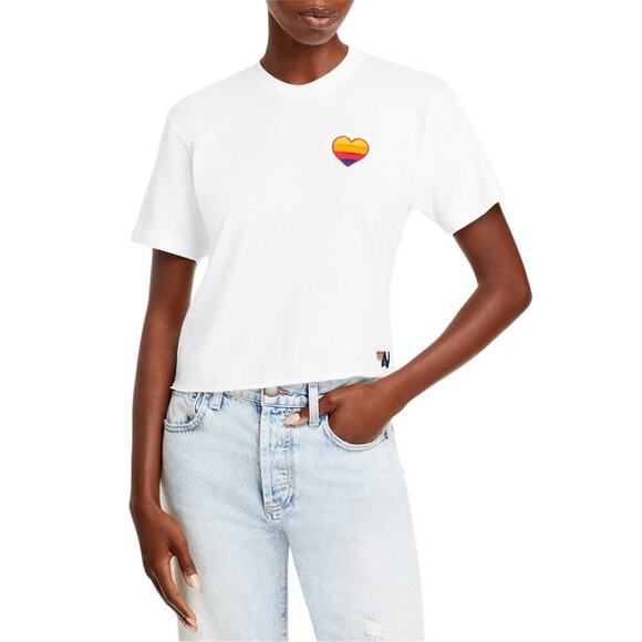 Aviator Nation Embroidered Heart Cropped Tee White Rainbow Logo Size Small NEW - Picture 9 of 12